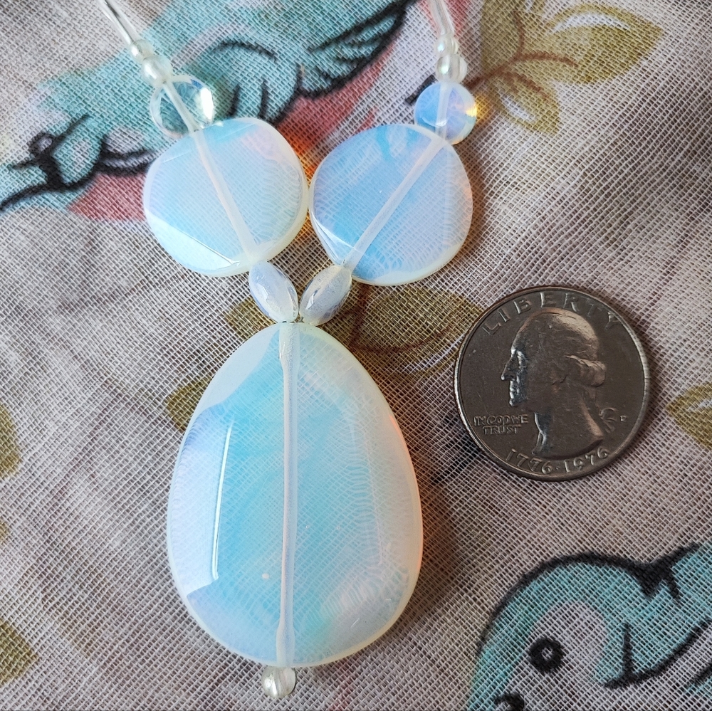 Blue Opalite Opaline Glass Y Design Necklace Silver Tone Barrel Clasp Artisan - Picture 7 of 9